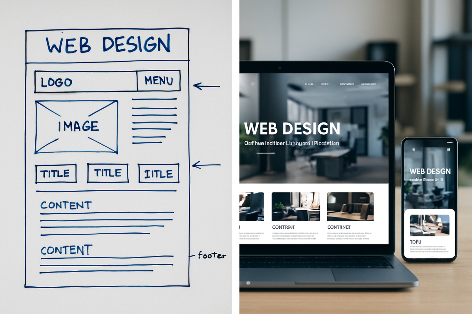 create an image with two main columns, in the first column outline an image of a whiteboard with web design layout and in the second column feature the layout from the whiteboard as a nice website in a screen of a laptop and mobile phone now fully developed